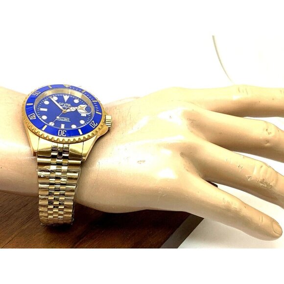 Gevril Men's Watch 4854B Wall Street Swiss Automatic Diver Blue Dial Gold 43mm - Picture 5 of 15